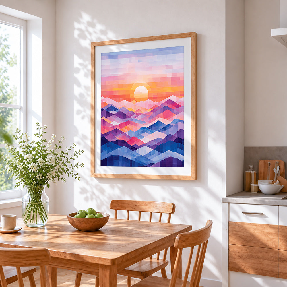 Geometric abstract mountains and sunrise cross stitch artwork displayed on wall as home decor