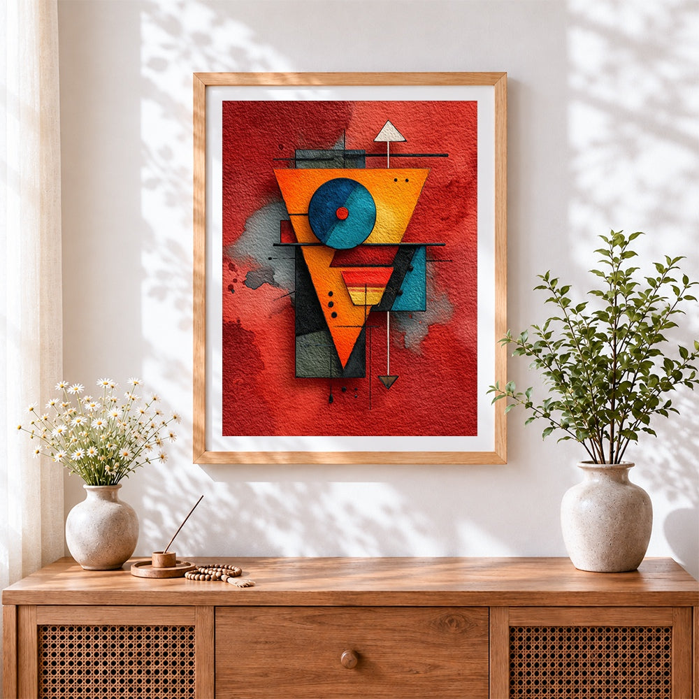 Finished geometric abstract pattern cross stitch artwork displayed