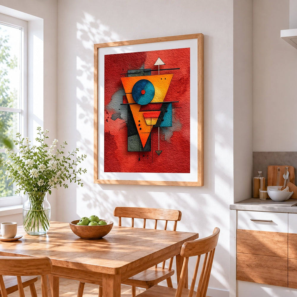 Geometric abstract pattern cross stitch artwork displayed on wall as home decor