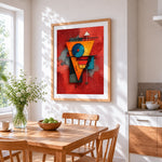 Geometric abstract pattern cross stitch artwork displayed on wall as home decor