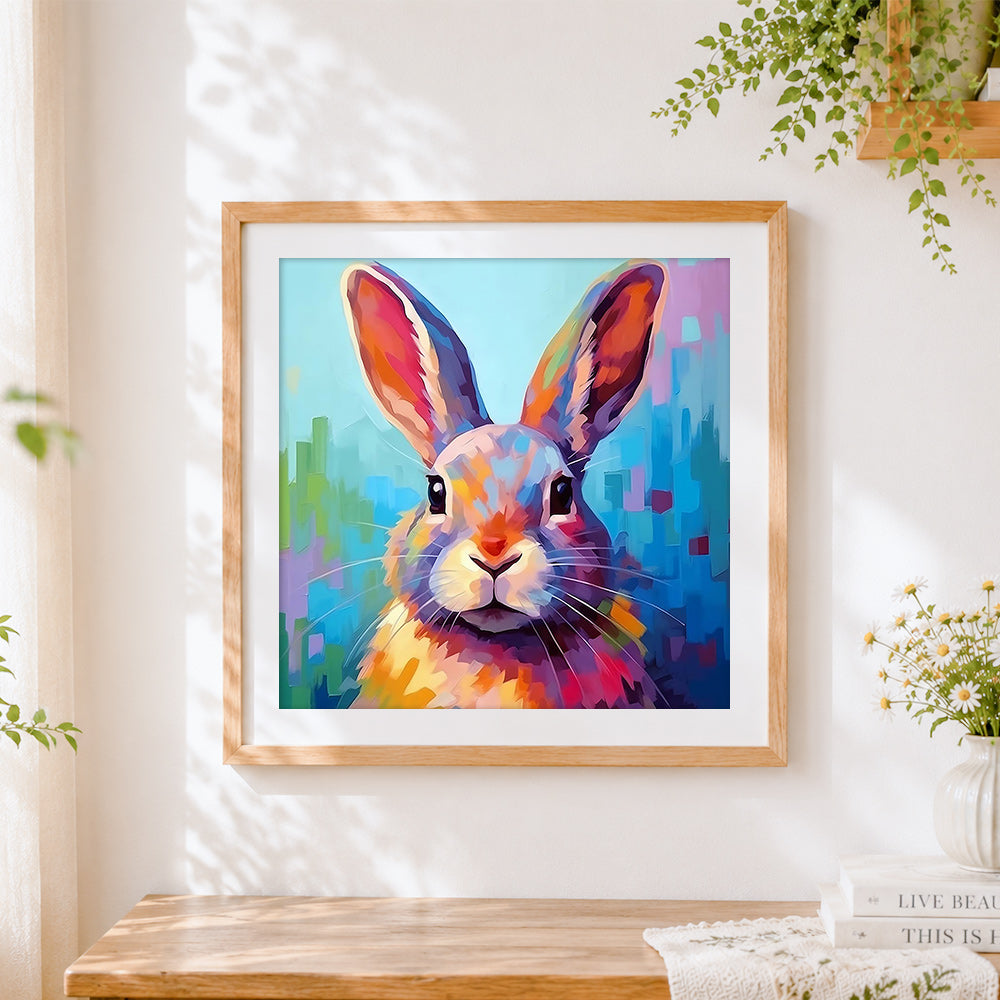 Finished geometric abstract rabbit cross stitch artwork displayed