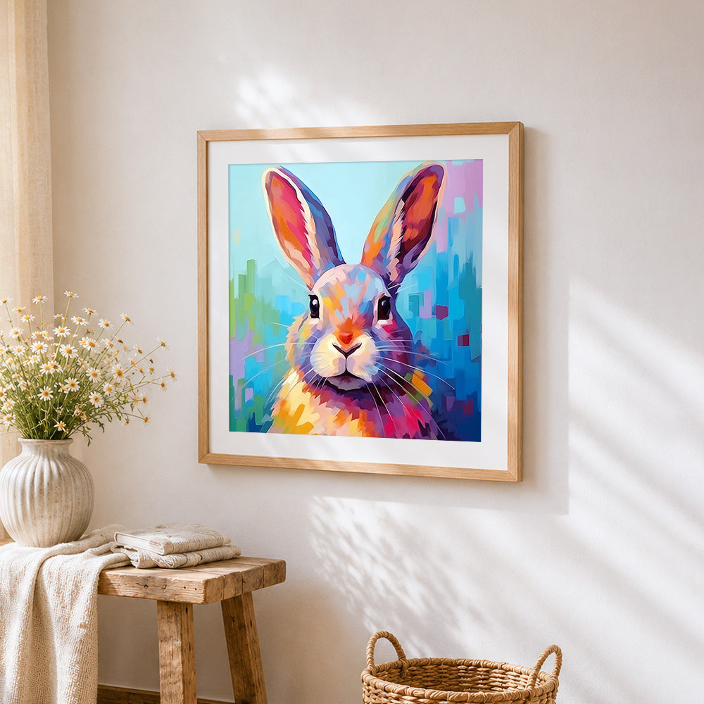 Geometric abstract rabbit cross stitch artwork displayed on wall as home decor