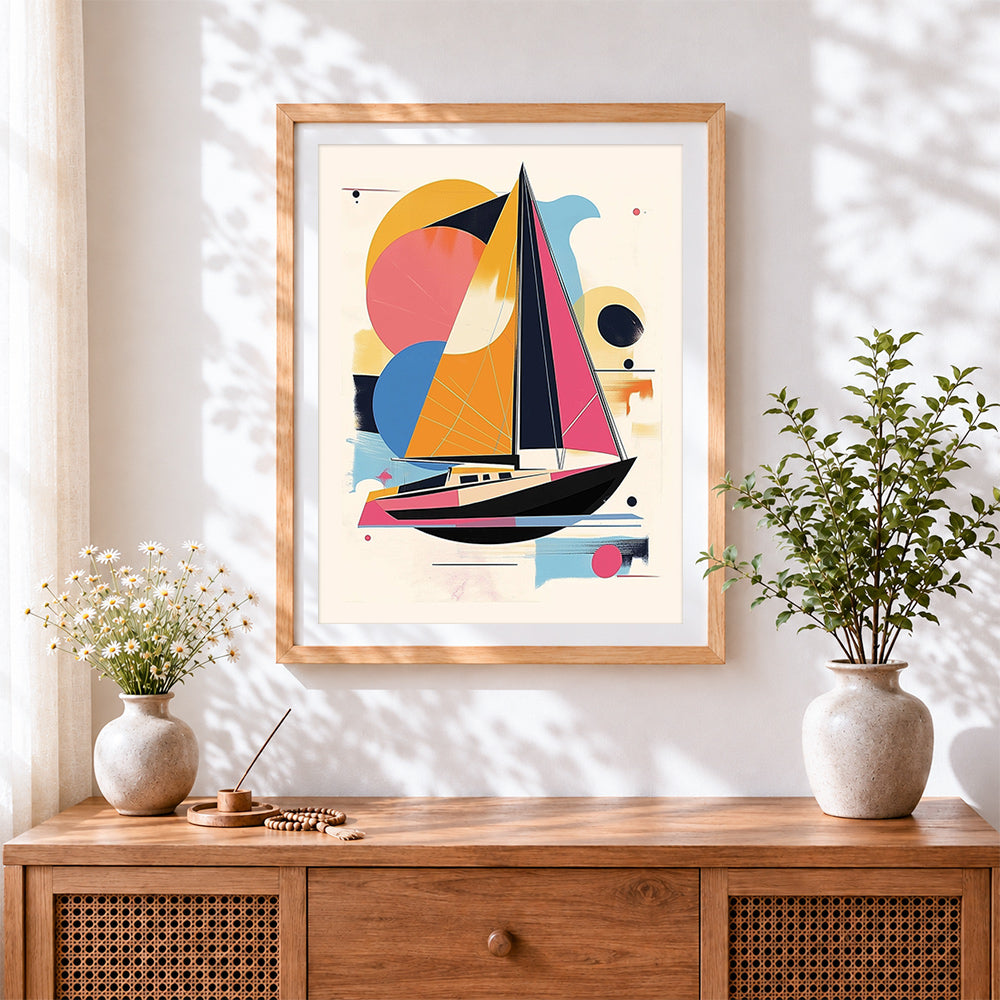 Finished geometric abstract sailboat cross stitch artwork displayed