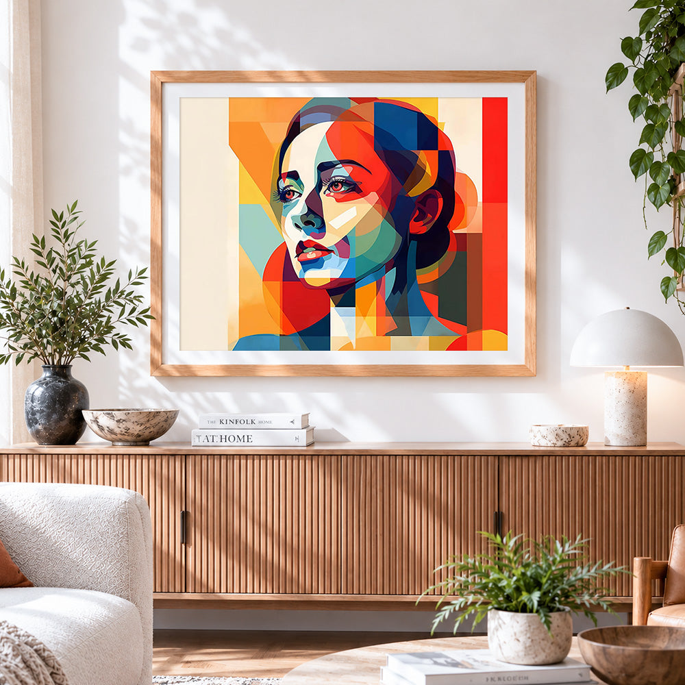 Finished geometric abstract woman paint by numbers artwork displayed as home decor