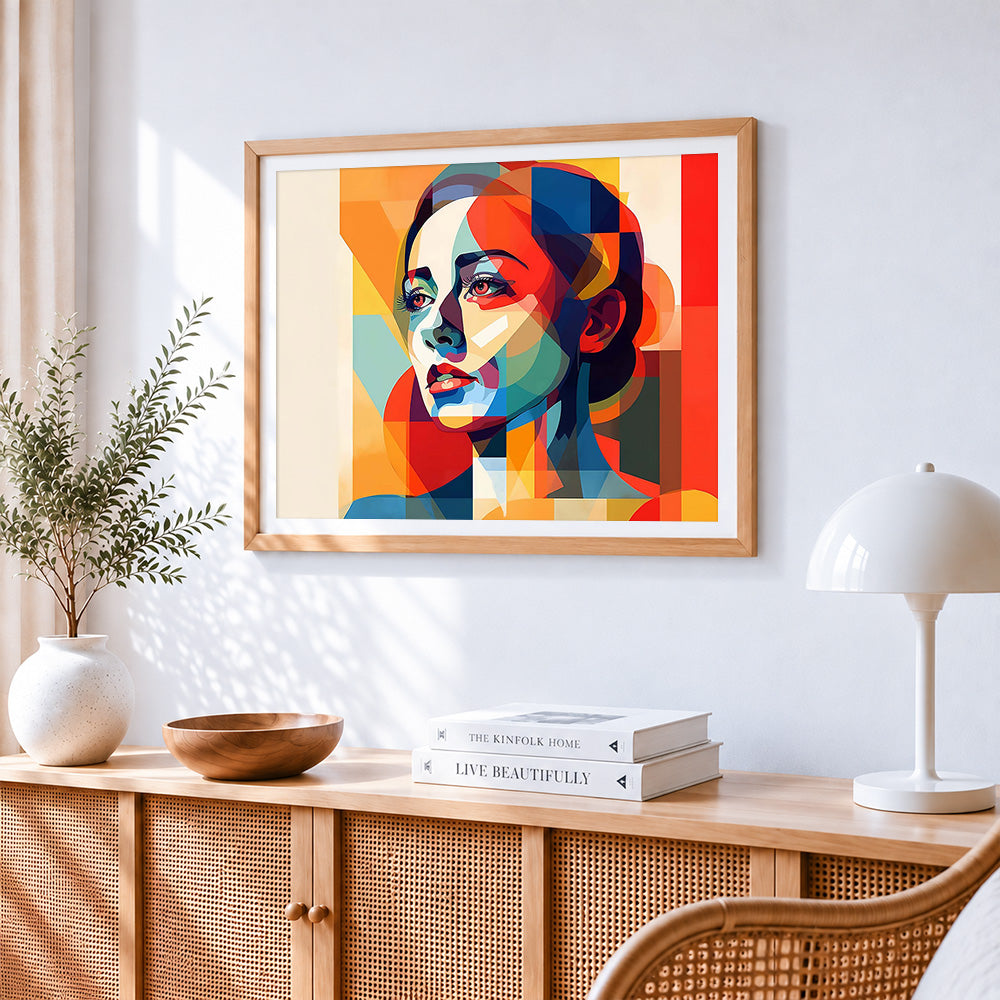 Geometric abstract woman paint by numbers artwork displayed on wall as home decor
