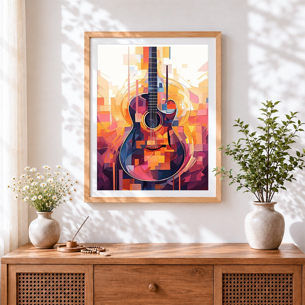 Finished geometric acoustic guitar cross stitch artwork displayed