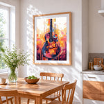 Geometric acoustic guitar cross stitch artwork displayed on wall as home decor