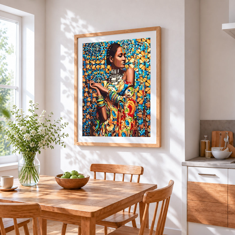 Geometric african woman with collar cross stitch artwork displayed on wall as home decor