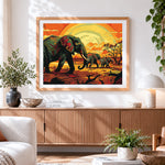Finished geometric art deco elephant cross stitch artwork displayed