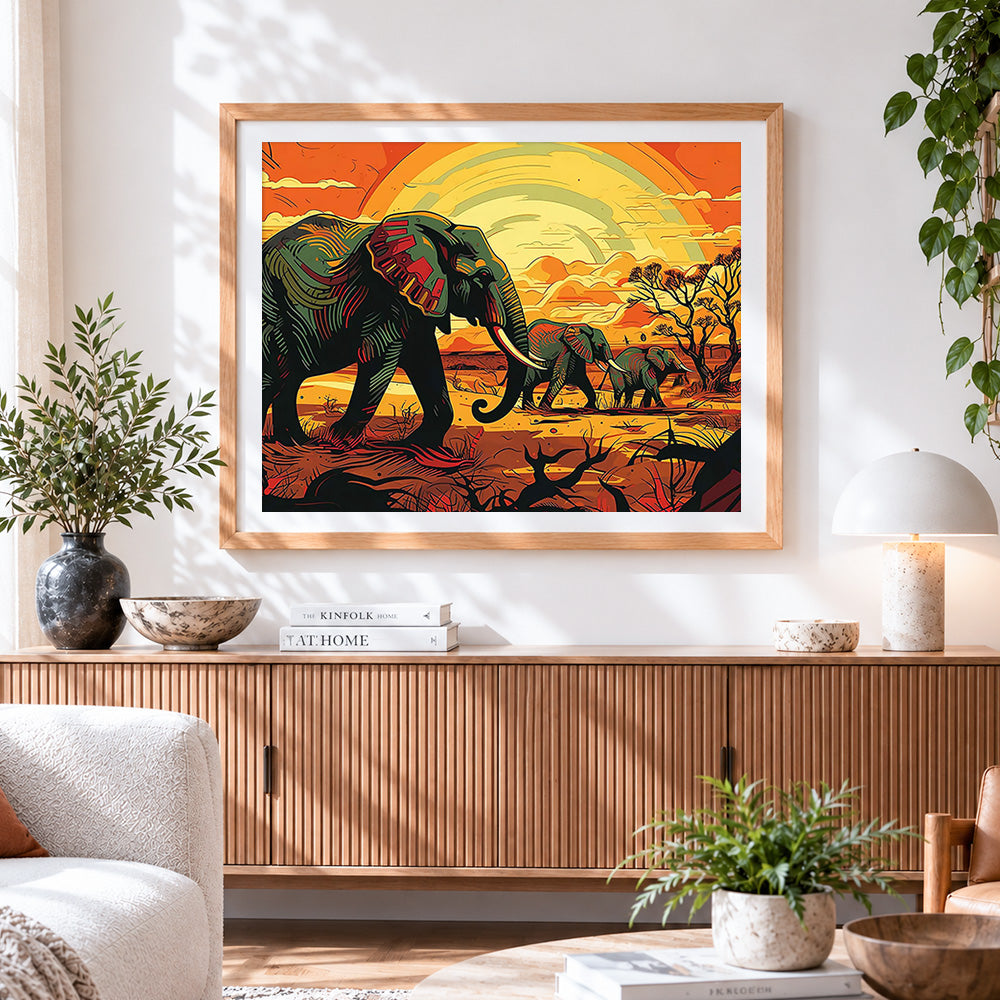 Finished geometric art deco elephant cross stitch artwork displayed