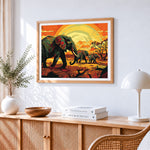 Geometric art deco elephant cross stitch artwork displayed on wall as home decor