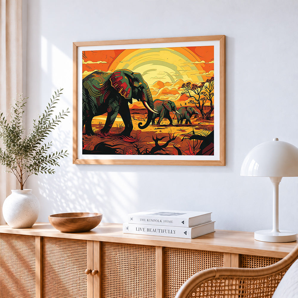 Geometric art deco elephant cross stitch artwork displayed on wall as home decor
