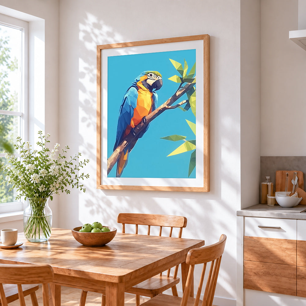 Geometric blue and yellow macaw cross stitch artwork displayed on wall as home decor