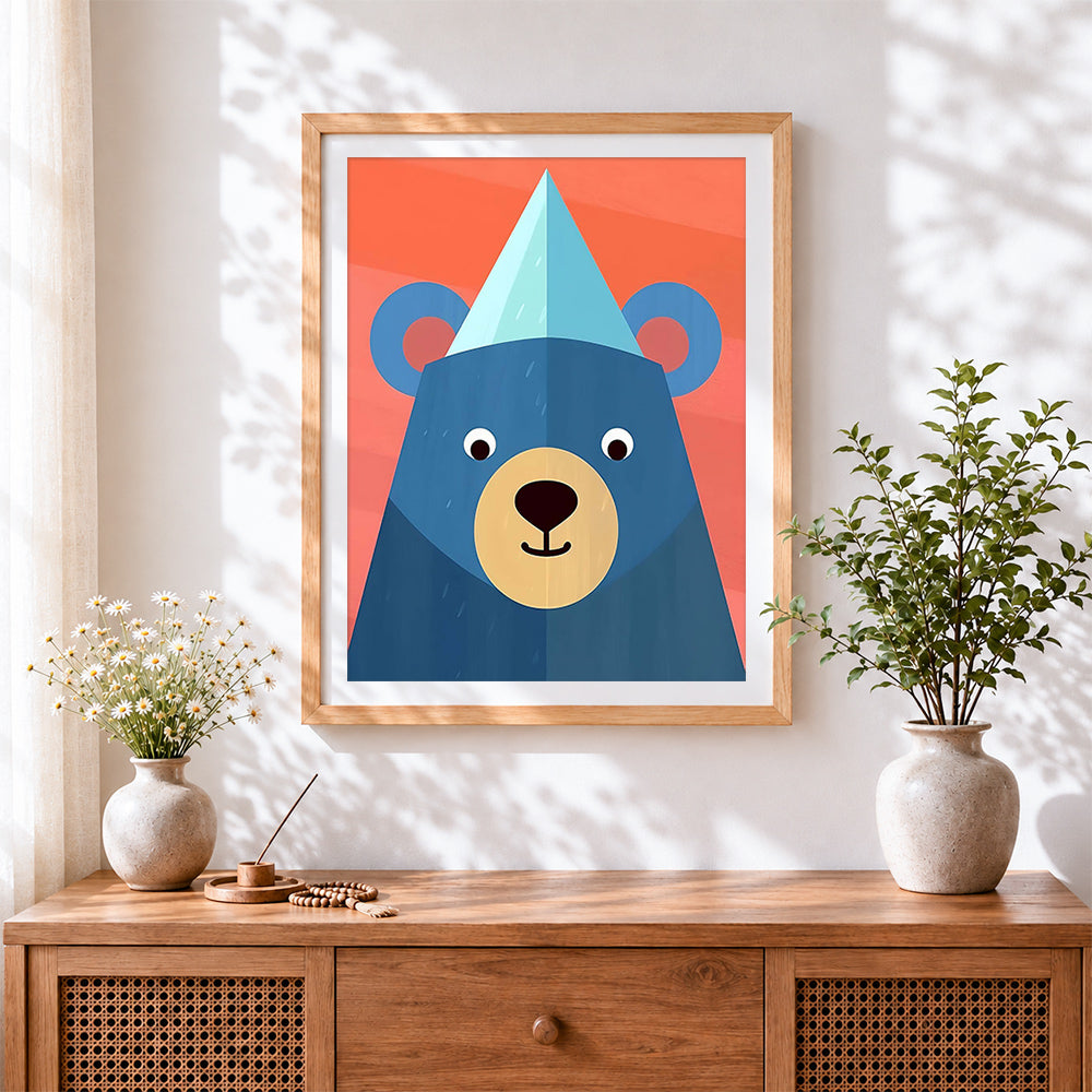 Finished geometric blue bear with party hat cross stitch artwork displayed