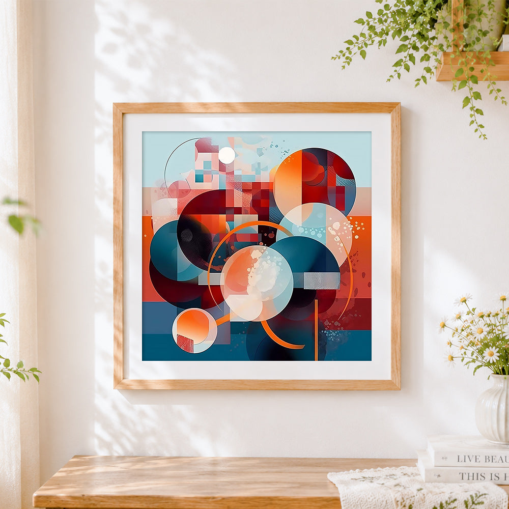Finished geometric circles and colour blocks cross stitch artwork displayed