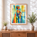 Finished geometric collage woman portrait cross stitch artwork displayed