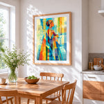 Geometric collage woman portrait cross stitch artwork displayed on wall as home decor