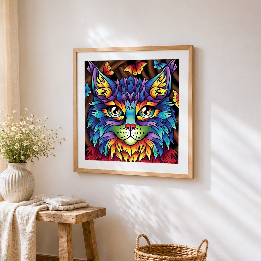 Geometric colourful cat portrait cross stitch artwork displayed on wall as home decor