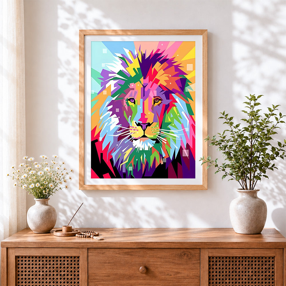 Finished geometric colourful lion cross stitch artwork displayed