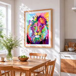 Geometric colourful lion cross stitch artwork displayed on wall as home decor
