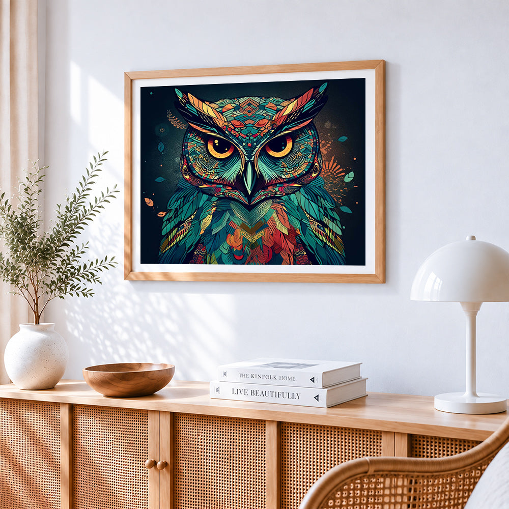 Geometric colourful owl portrait cross stitch artwork displayed on wall as home decor