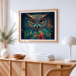 Geometric colourful owl portrait paint by numbers artwork displayed on wall as home decor