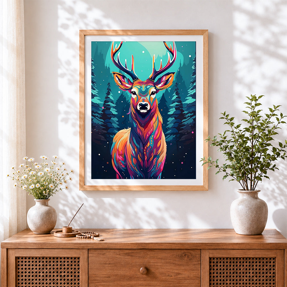 Finished geometric colourful stag cross stitch artwork displayed