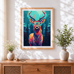 Finished geometric colourful stag cross stitch artwork displayed