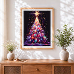 Finished geometric crystal christmas tree cross stitch artwork displayed
