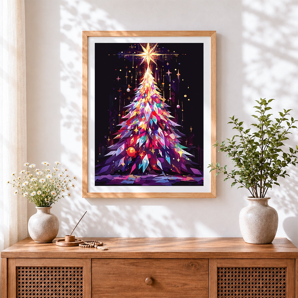 Finished geometric crystal christmas tree cross stitch artwork displayed