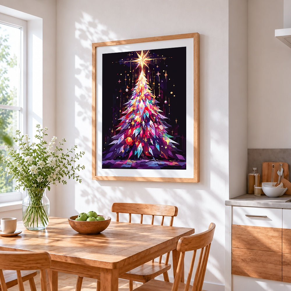 Geometric crystal christmas tree cross stitch artwork displayed on wall as home decor