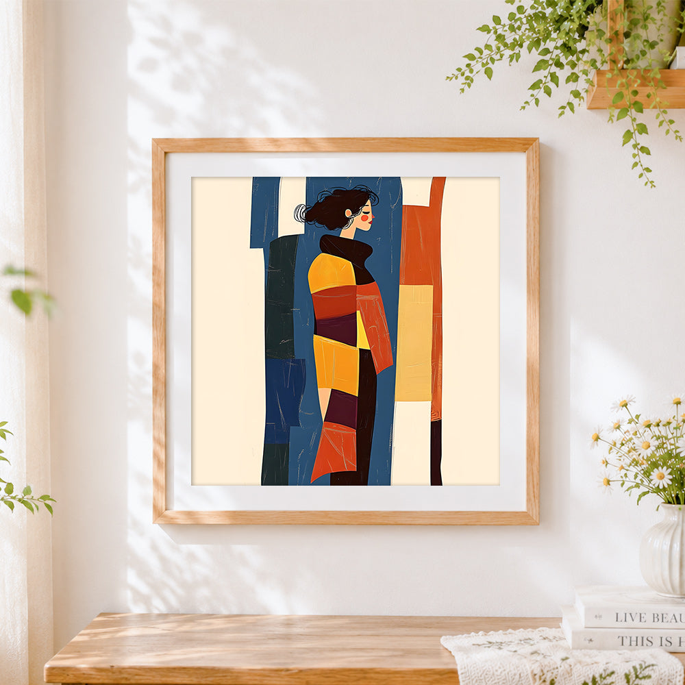 Finished geometric fashion woman cross stitch artwork displayed