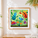 Finished geometric ladybirds on leaves cross stitch artwork displayed