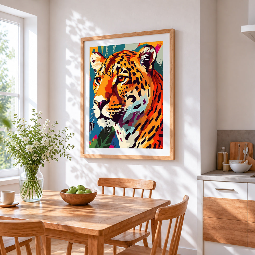 Geometric leopard portrait cross stitch artwork displayed on wall as home decor