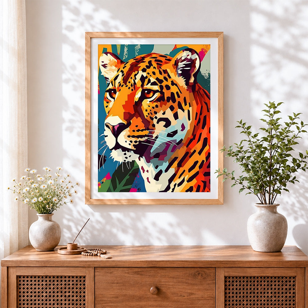 Finished geometric leopard portrait paint by numbers artwork displayed as home decor