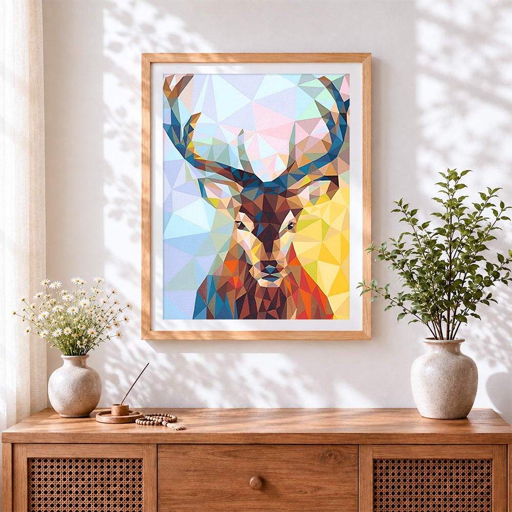 Finished geometric low poly deer cross stitch artwork displayed