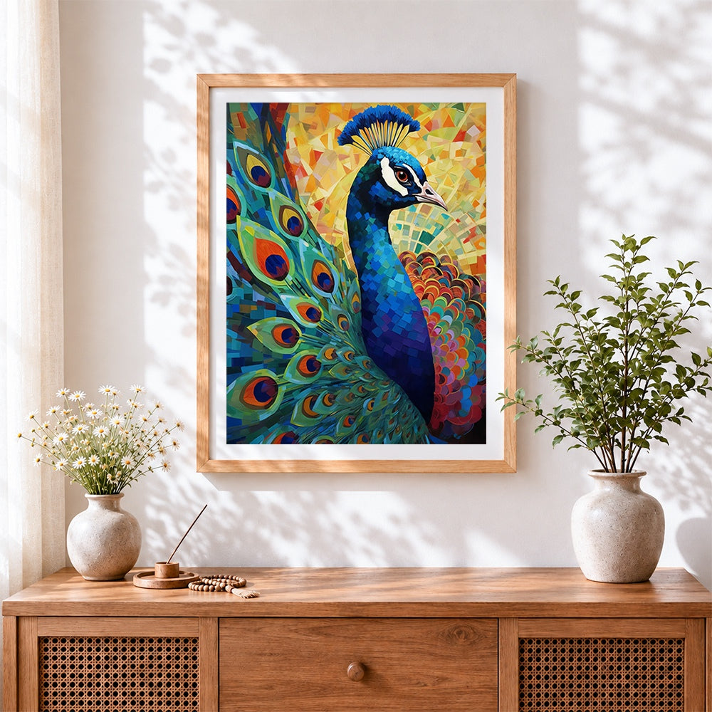 Finished geometric mosaic peacock cross stitch artwork displayed