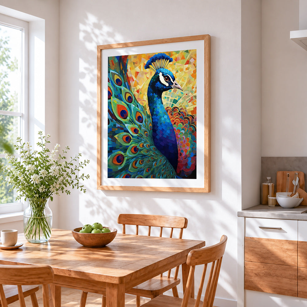 Geometric mosaic peacock cross stitch artwork displayed on wall as home decor
