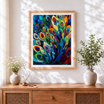 Finished geometric mosaic peacock feathers cross stitch artwork displayed