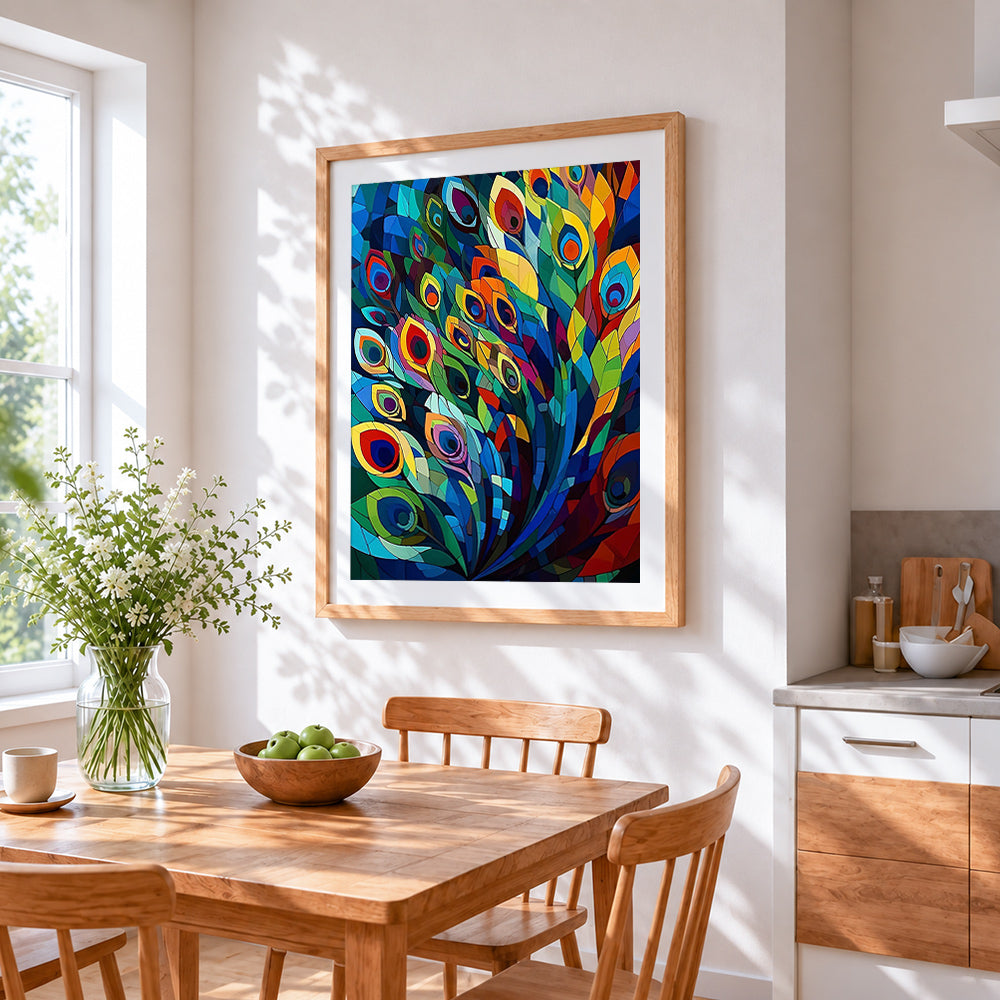 Geometric mosaic peacock feathers cross stitch artwork displayed on wall as home decor