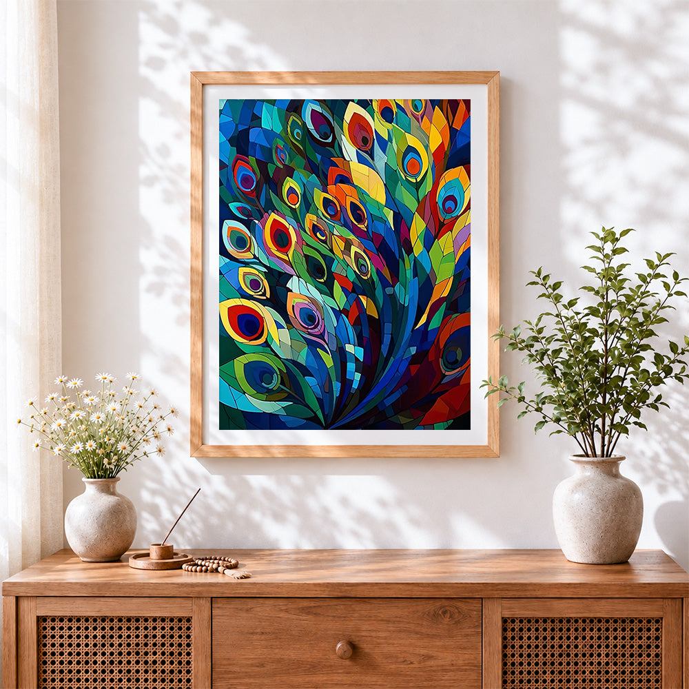 Finished geometric mosaic peacock feathers paint by numbers artwork displayed as home decor