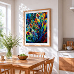 Geometric mosaic peacock feathers paint by numbers artwork displayed on wall as home decor