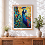 Finished geometric mosaic peacock paint by numbers artwork displayed as home decor