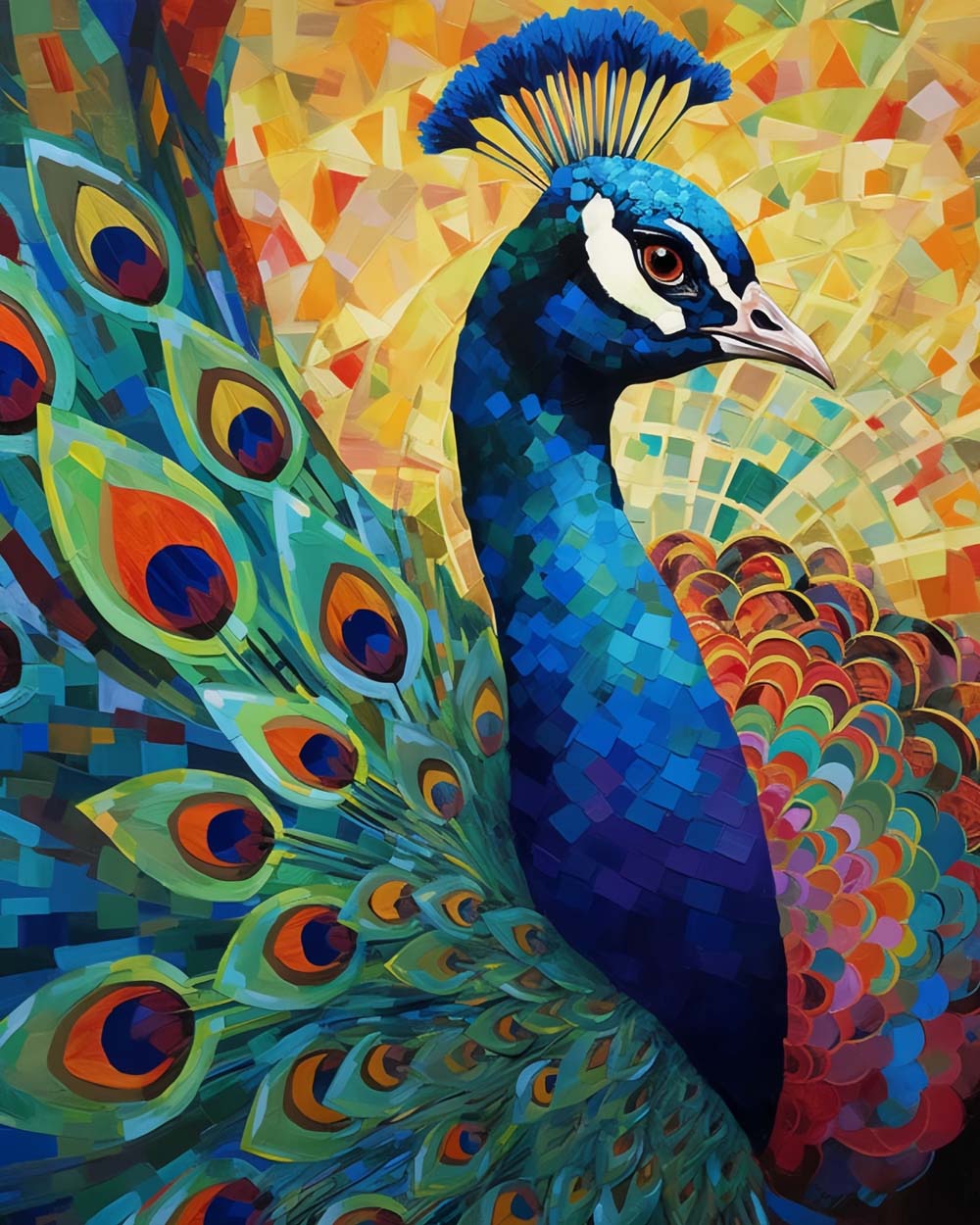 Geometric mosaic peacock paint by numbers kit for beginners