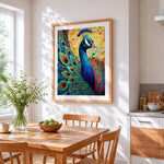 Geometric mosaic peacock paint by numbers artwork displayed on wall as home decor