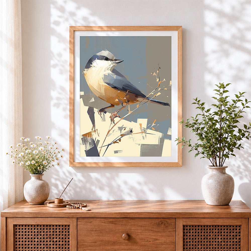 Finished geometric nuthatch bird cross stitch artwork displayed