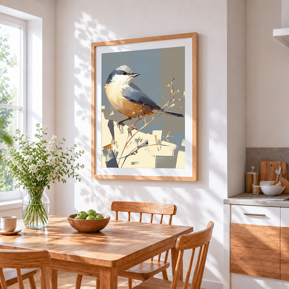 Geometric nuthatch bird cross stitch artwork displayed on wall as home decor