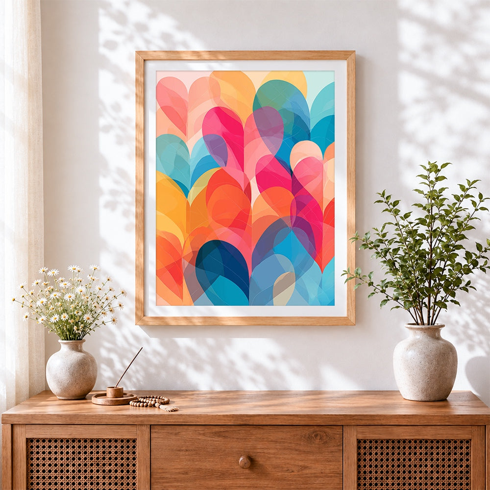 Finished geometric pastel hearts cross stitch artwork displayed