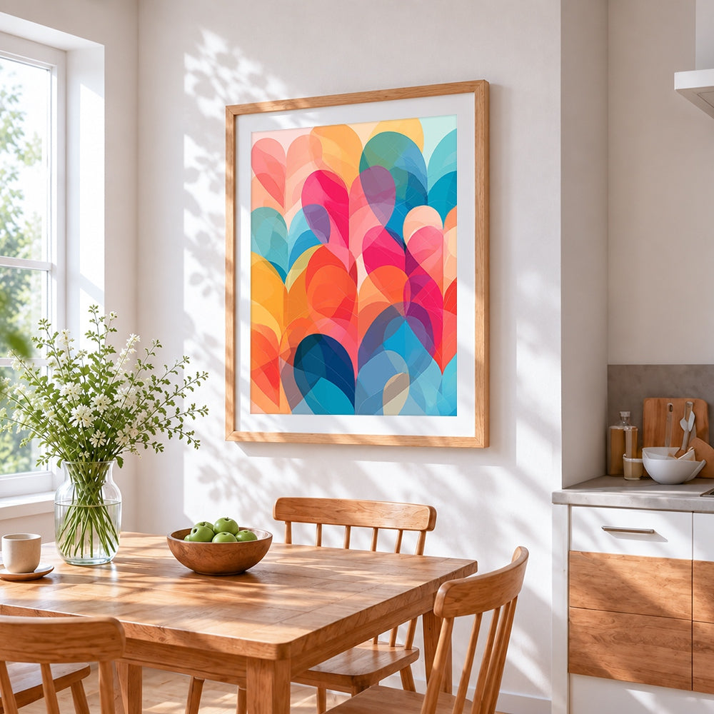 Geometric pastel hearts cross stitch artwork displayed on wall as home decor