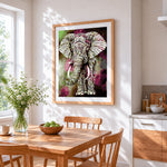 Geometric patterned elephant cross stitch artwork displayed on wall as home decor
